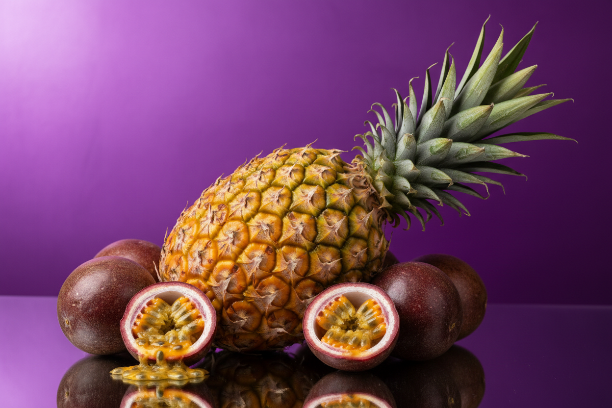pineapple and passionfruits with a purple background